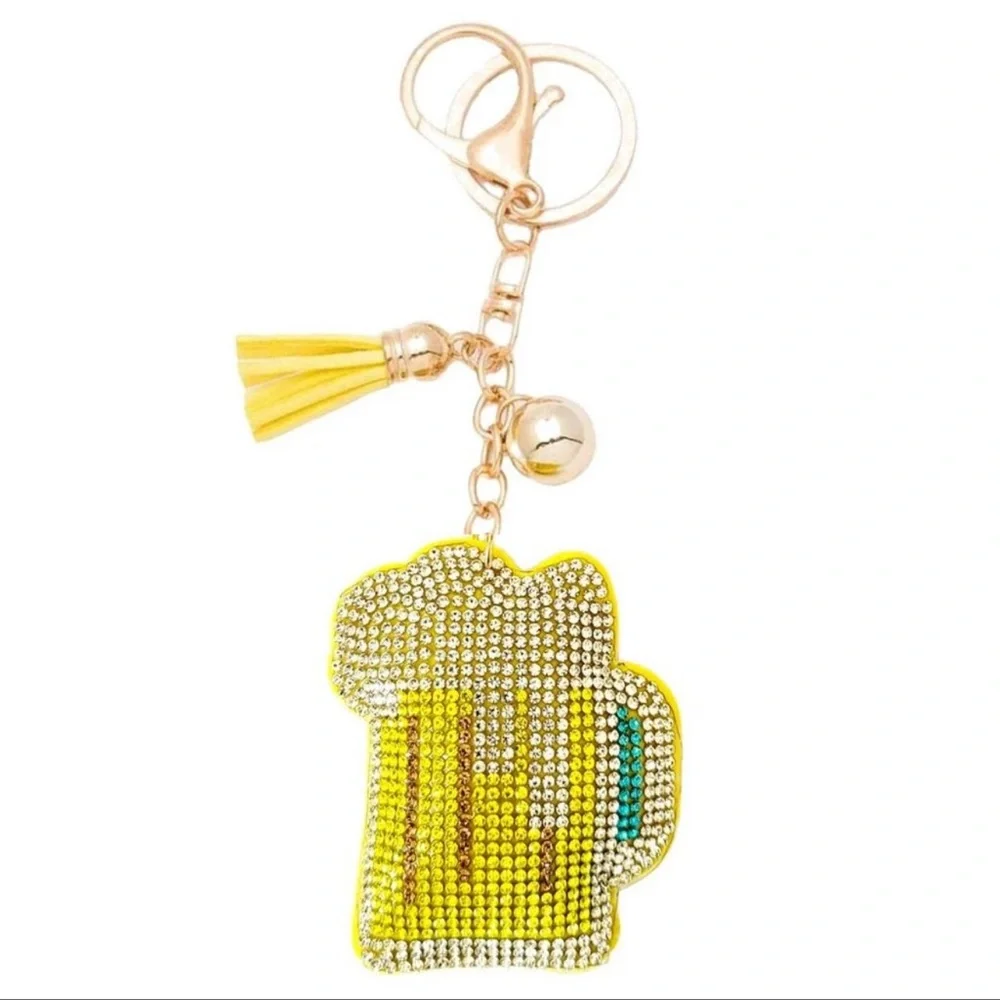 BLING RHINESTONE MUG OF BEER PUFFY TASSEL KEYCHAIN/PURSE CHARM